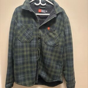 Men's Green & Navy Plaid Sherpa-Lined Button Shirt Jacket